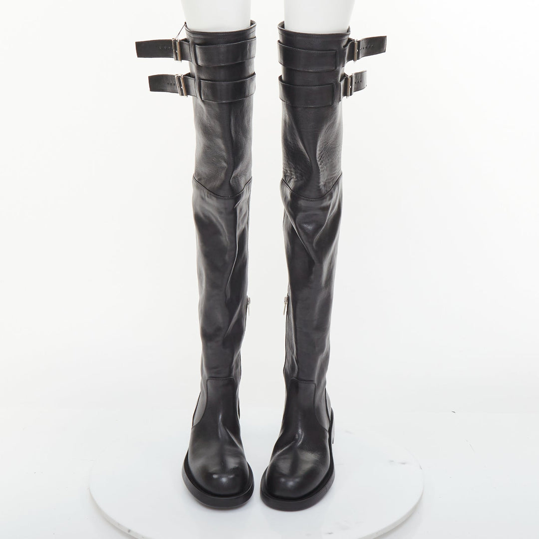 ANN DEMEULEMEESTER black leather silver multi buckles over the knee boots EU38