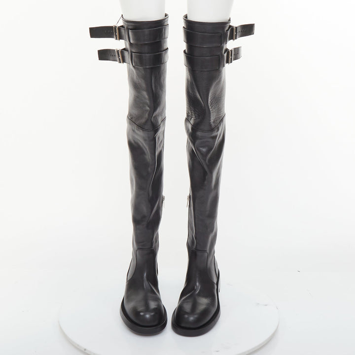 ANN DEMEULEMEESTER black leather silver multi buckles over the knee boots EU38