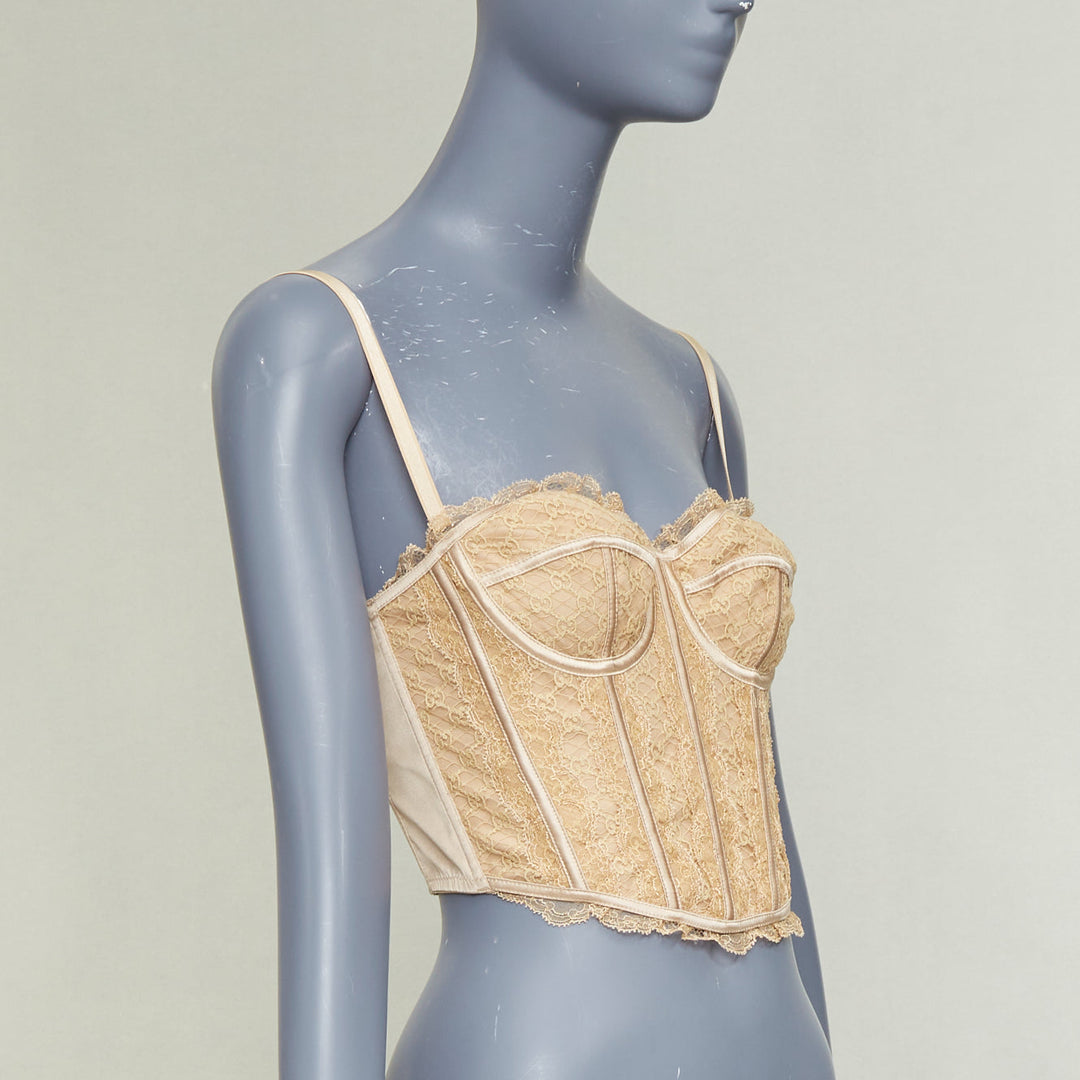 GUCCI 2022 Runway Aria nude beige GG monogram net lace corset bustier top M