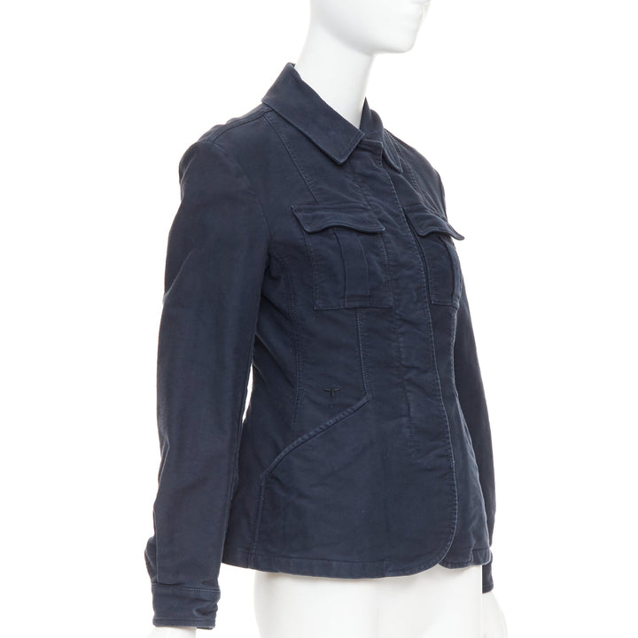 CHRISTIAN DIOR 2018 Runway navy washed cotton utility contour bar jacket FR36 S