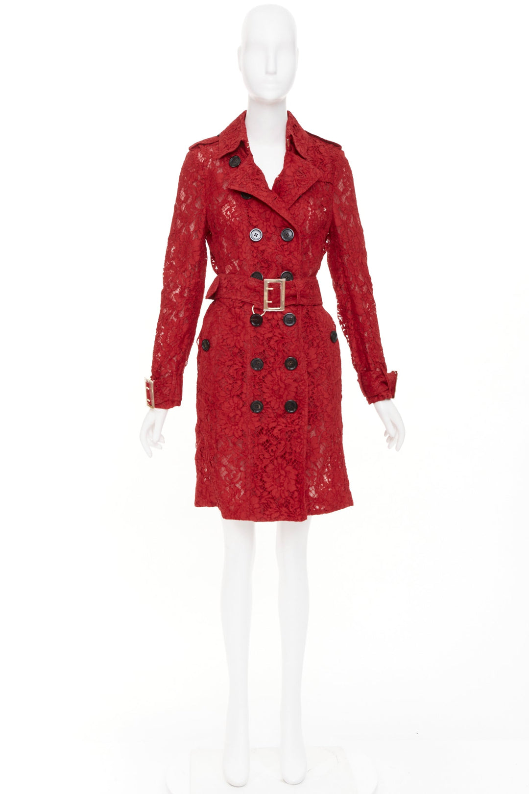BURBERRY 2016 Kensington red floral lace belted double breasted trench coat