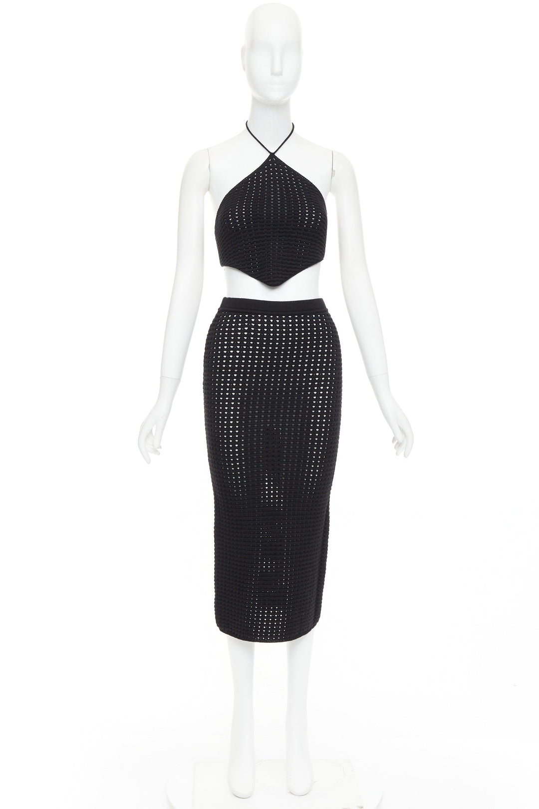 REFORMATION Circa black organically cotton open knit halter top skirt set XS