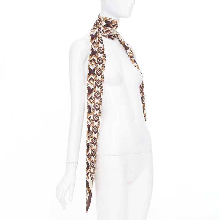 GUCCI 2018 brown geometric graphic block g monogram print silk wrap scarf