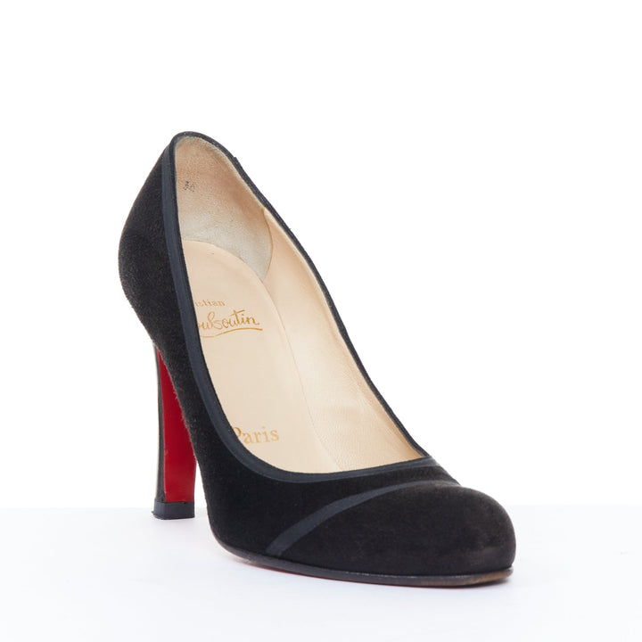 CHRISTIAN LOUBOUTIN black veau velours suede grosgrain round toe pumps EU36