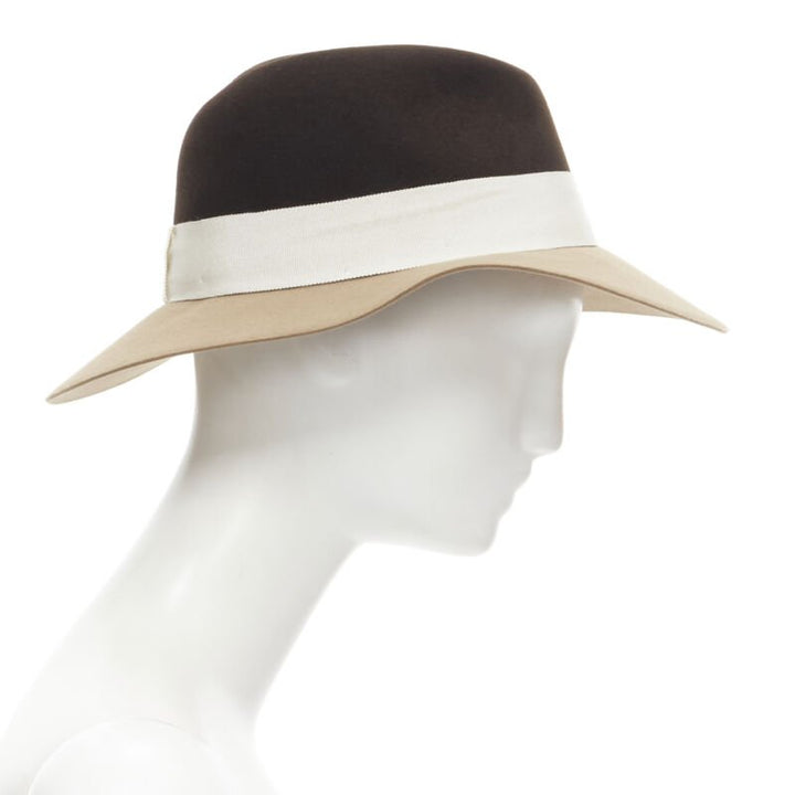 MAISON MICHEL two tone brown camel white grosgrain M logo fedora hat M 57cm