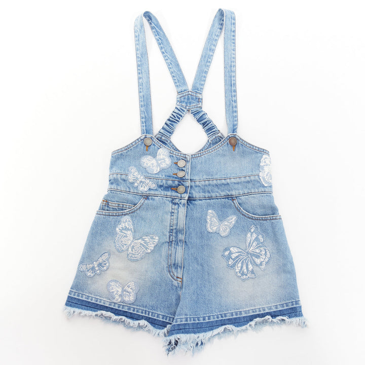 VALENTINO washed denim white butterfly patch suspender dungaree shorts 25"