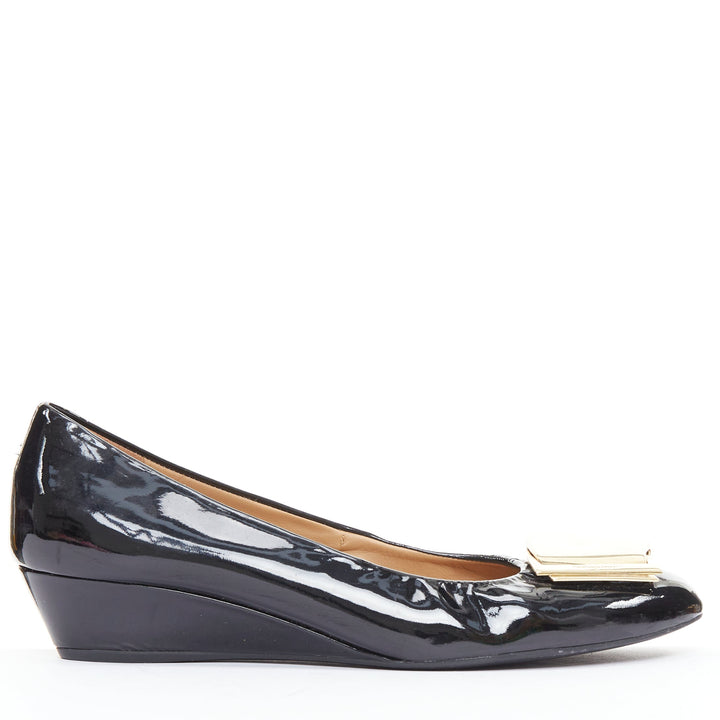 SALVATORE FERRAGAMO gold big buckle black patent leather wedges 6.5