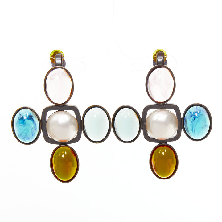 rare SAINT LAURENT Runway Resin Cabochon Cross aged bronze clip earrings Pair