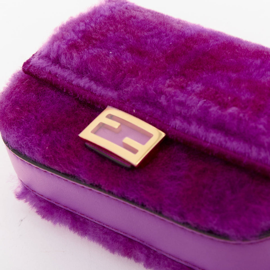 FENDI 2021 Nano Baguette purple shearling FF buckle gold hardware charm bag