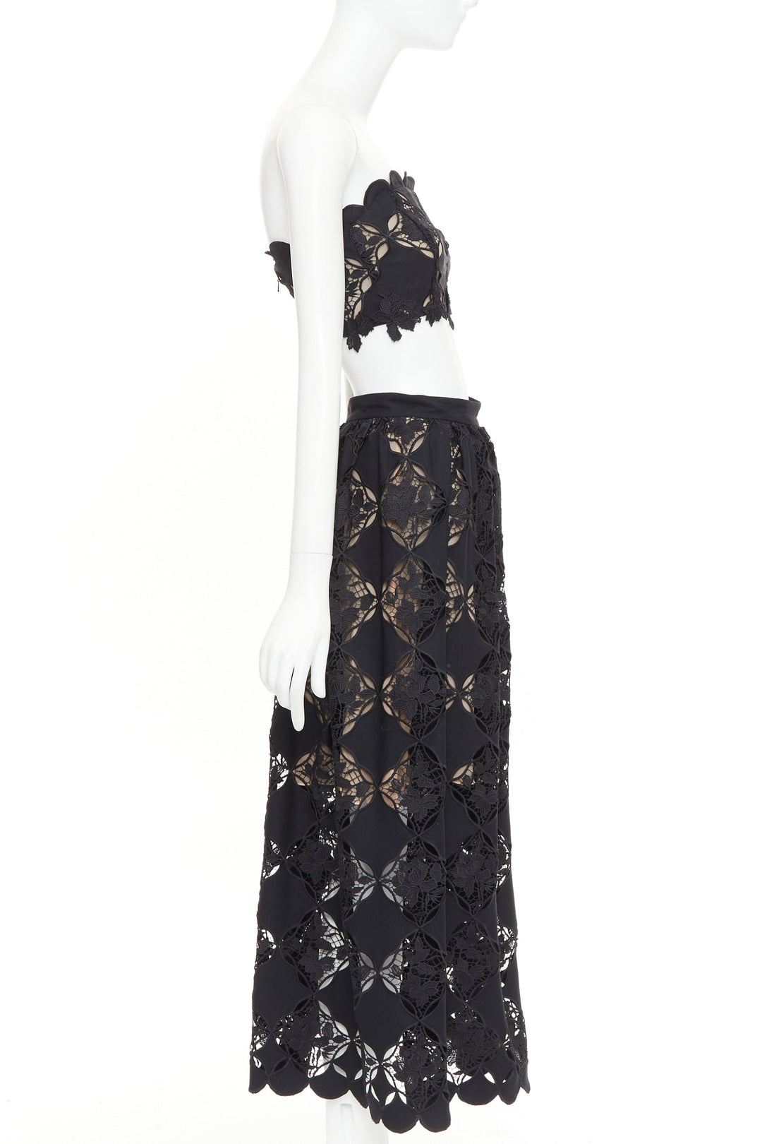 OSCAR DE LA RENTA PS24 black Gardenia Guipure lace top skirt dress set US0 XS