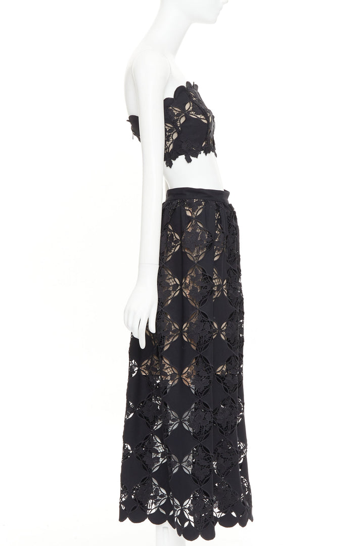 OSCAR DE LA RENTA PS24 black Gardenia Guipure lace top skirt dress set US0 XS