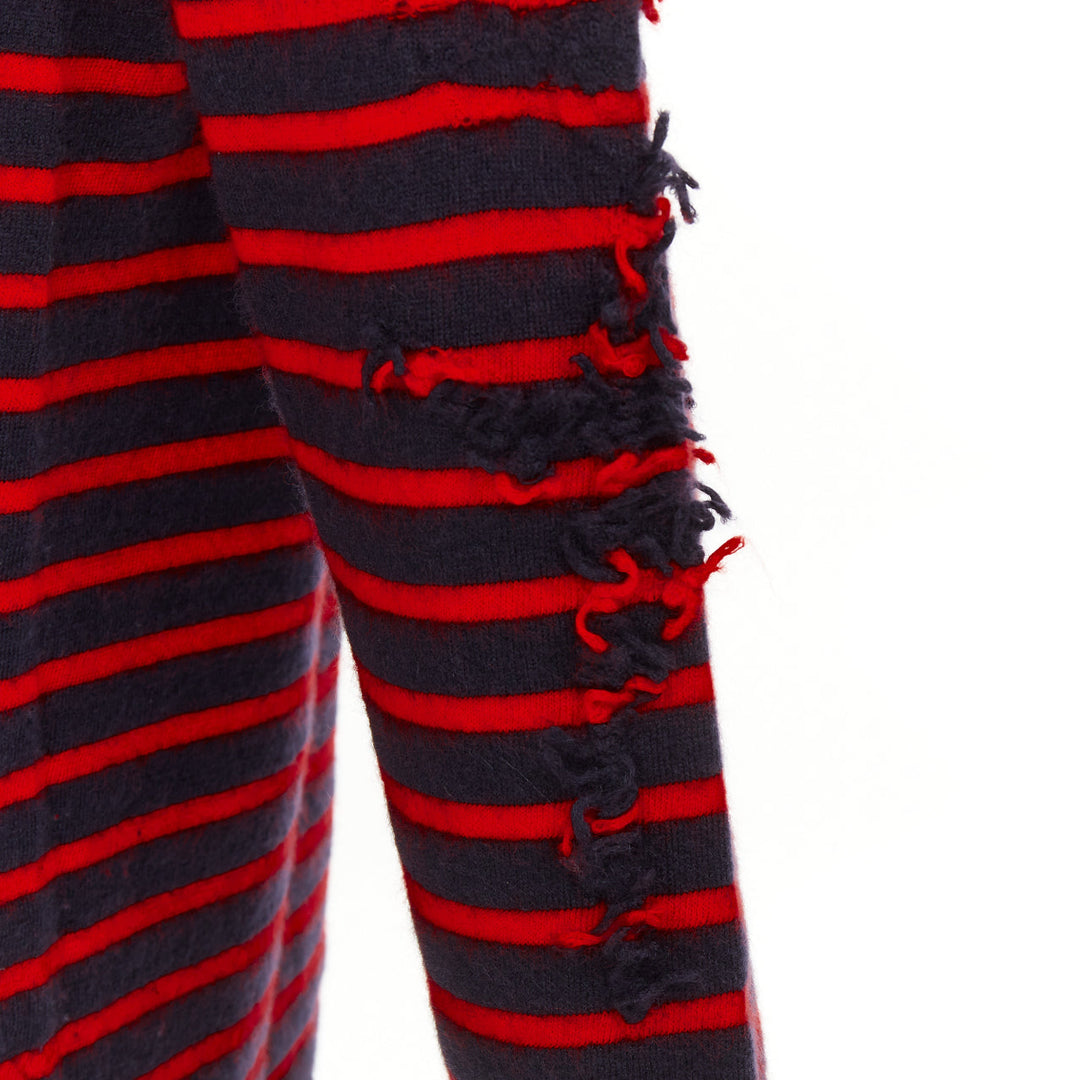 BARRIE 100% cashmere navy red fringe applique asymmetric striped sweater S