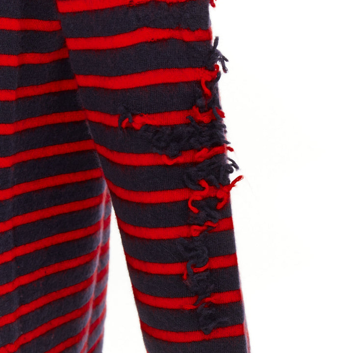 BARRIE 100% cashmere navy red fringe applique asymmetric striped sweater S