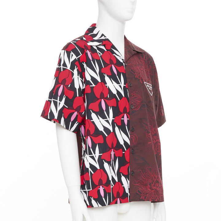 PRADA 2021 Runway Double Match red iris burgundy floral split bowling shirt L