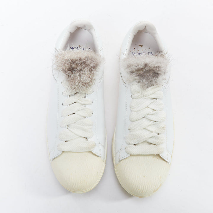 MONCLER Angeline brown fur trim white leather chunky sneakers EU37
