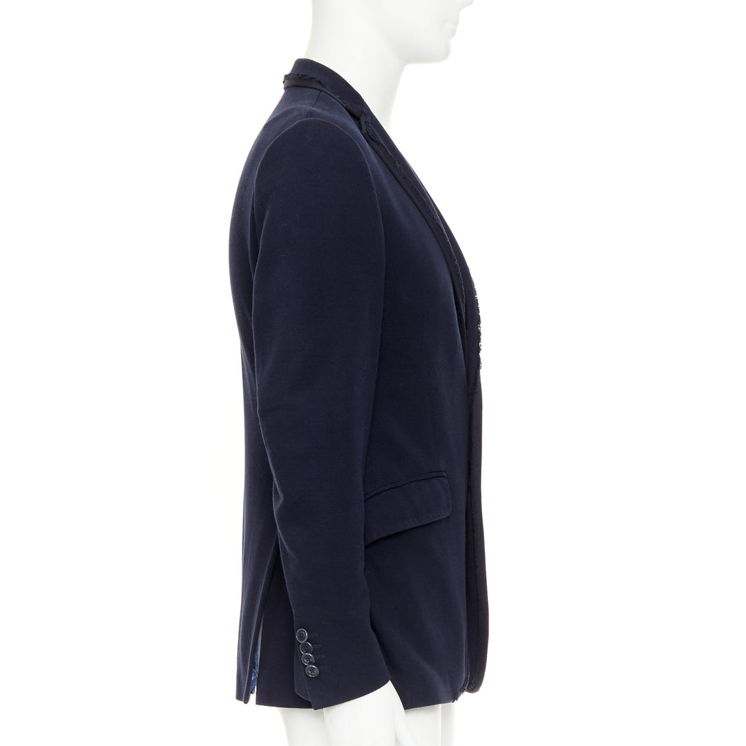 ETRO New Jersey navy cotton raw edge grosgrain paisley lined blazer IT48 M