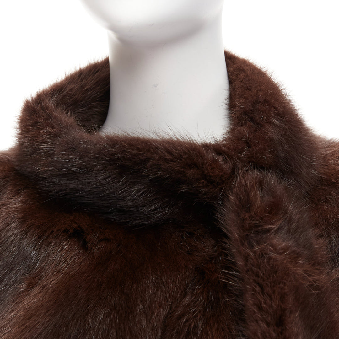 MARNI brown genuine fur logo leaf lined loop through capelet stole IT38 XS