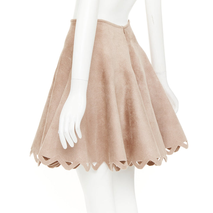 ALAIA nude beige wool velour laser cut hem flared skater skirt FR38 M