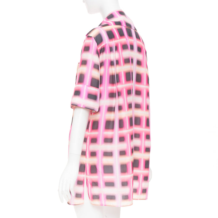 CHANEL 2017 Runway neon pink plaid digital graffiti silk blouse dress FR38 M