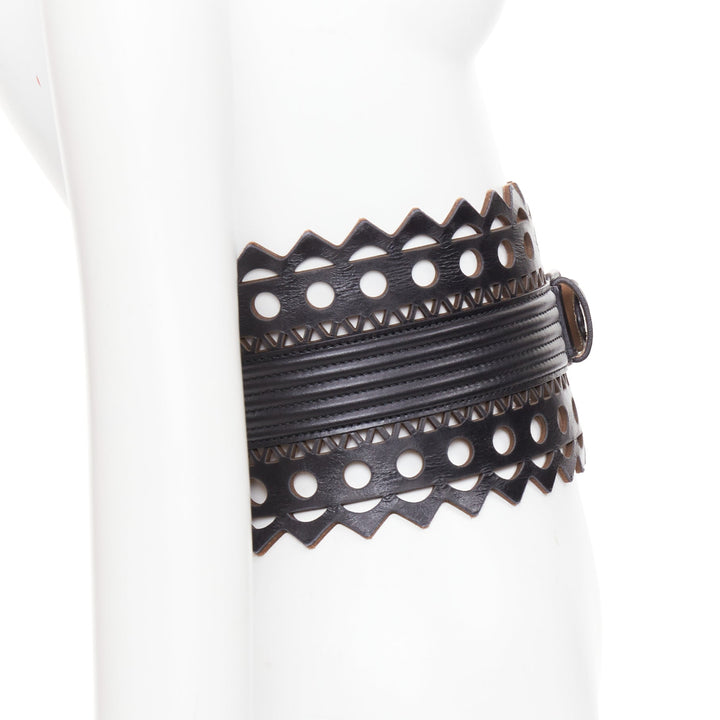 ALAIA Vienne black leather laser cut cinched corset wide belt 65cm