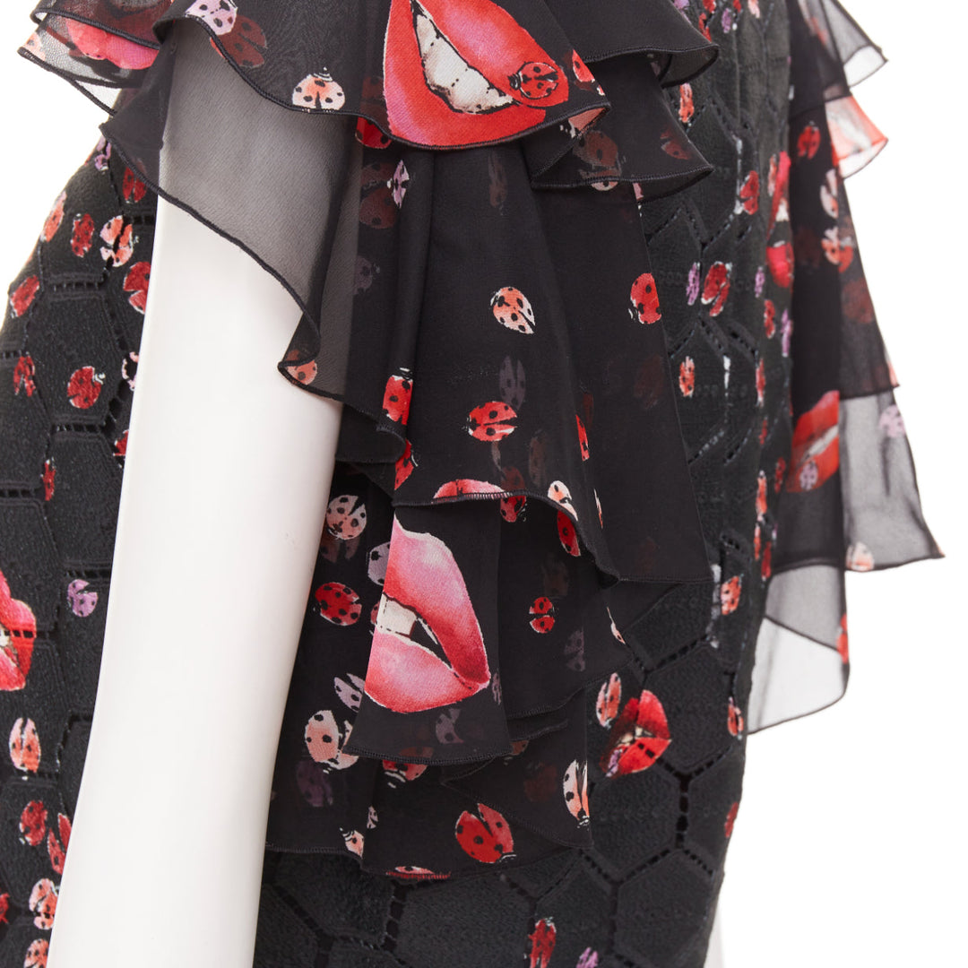GIAMBA GIAMBATTISTA VALLI black red lady bugs lip embroidered  flutter top IT40