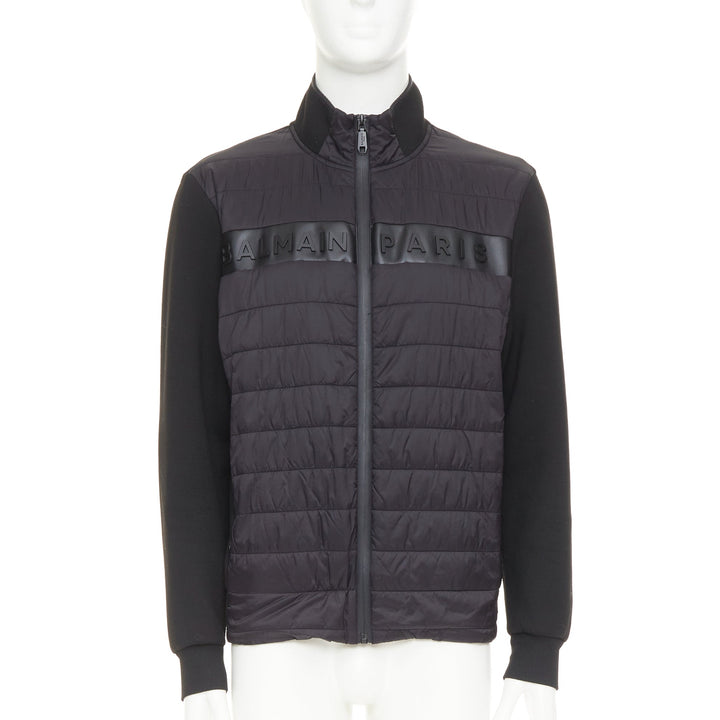 BALMAIN black mixed quilted puffer logo neoprene sleeves zip up jacket EU50 L