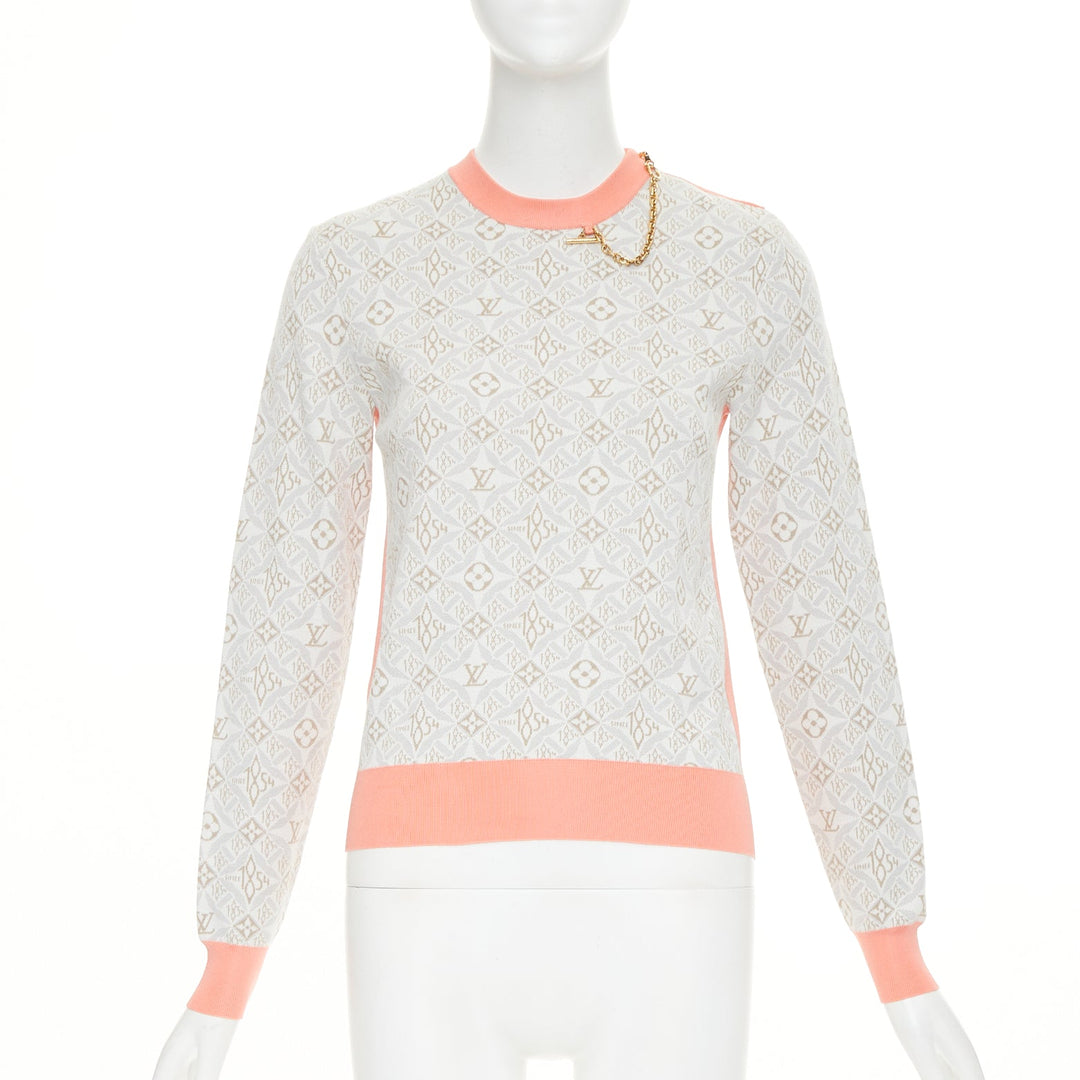 LOUIS VUITTON 2022 Since 1964 Monogram pink grey jacquard gold chain sweater XS