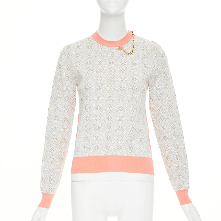 LOUIS VUITTON 2022 Since 1964 Monogram pink grey jacquard gold chain sweater XS