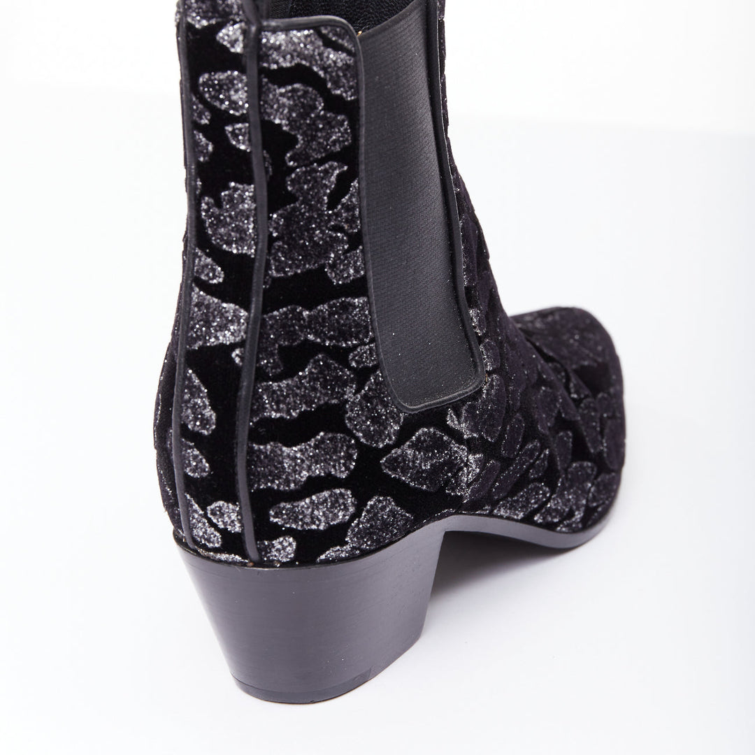 SAINT LAURENT Rock Leopard black grey glitter leopard velvet chelsea boots EU36