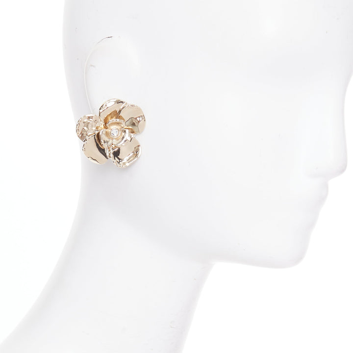 CHANEL 2024 L24B clear crystal gold tone camellia CC logo clip earring Pair