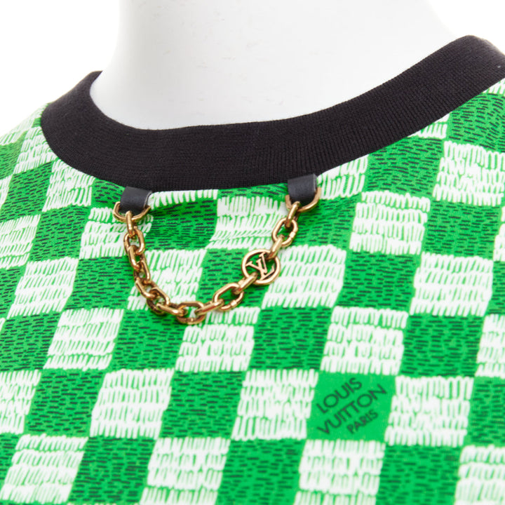 LOUIS VUITTON Damier green white cotton LV print chain detail tshirt XS