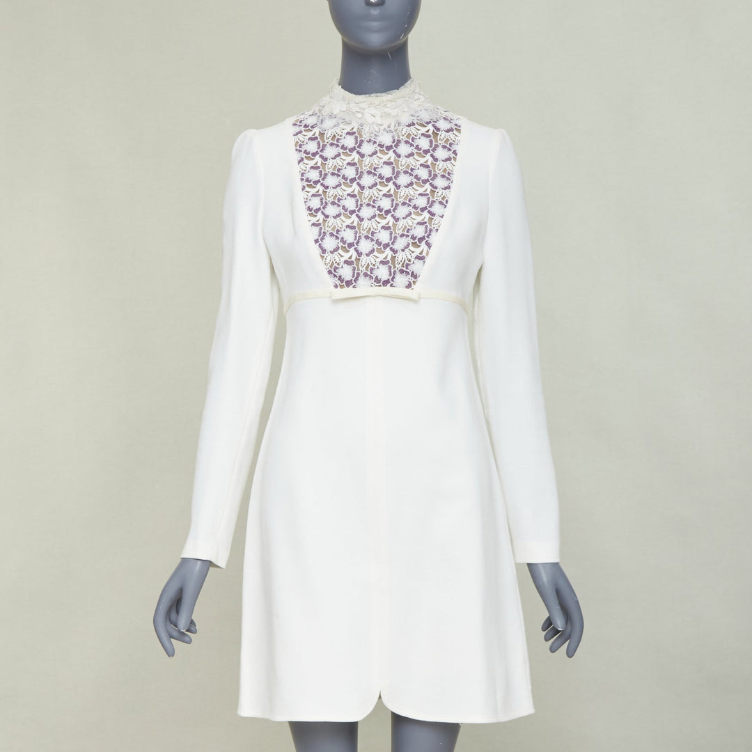 GIAMBATTISTA VALLI cream wool crepe purple floral lace bib mini dress IT42 S