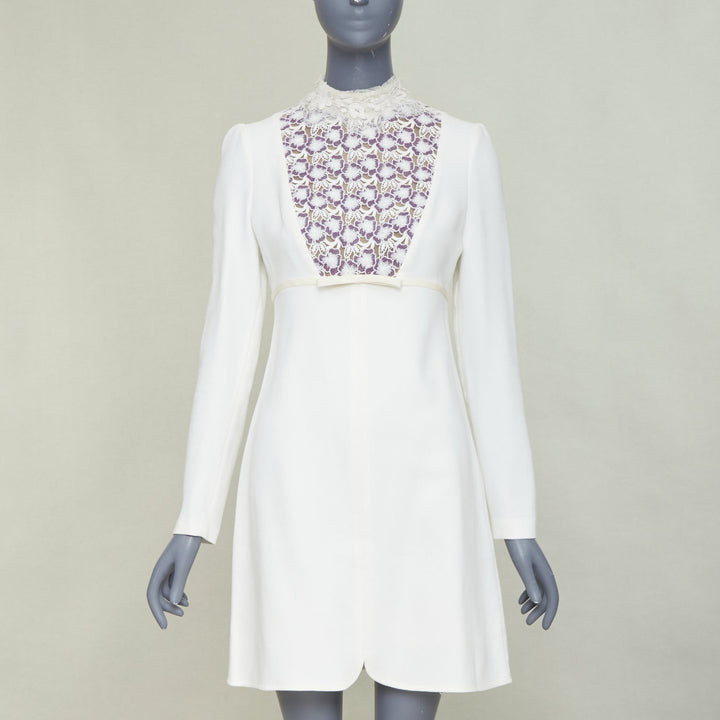 GIAMBATTISTA VALLI cream wool crepe purple floral lace bib mini dress IT42 S