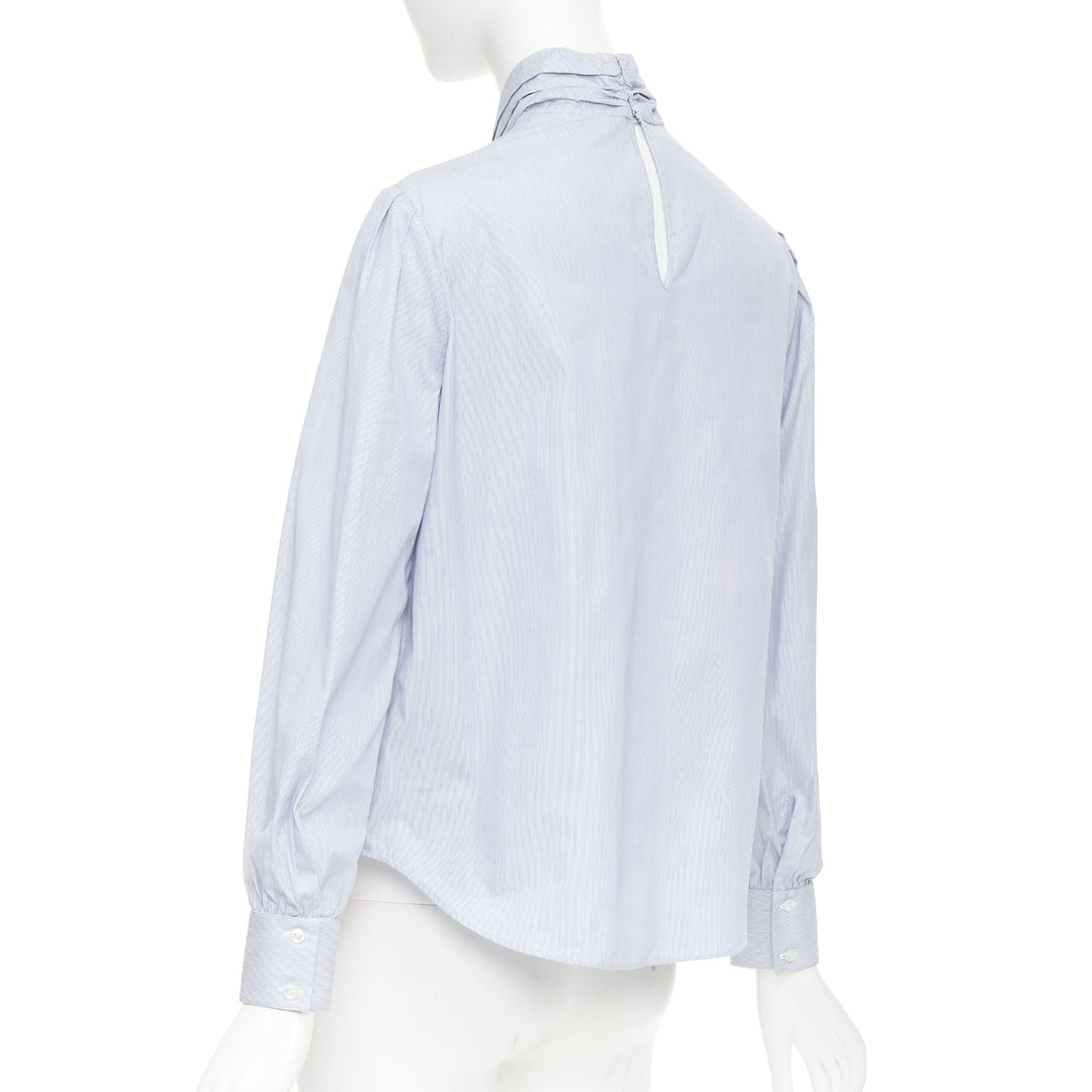 CELINE blue white pinstripe cotton high ruched collar puff sleeves blouse FR36 S