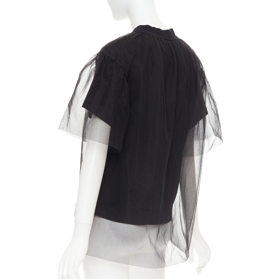 SHUSHU TONG Tulle T-shirt black mesh layered crew neck top UK6 XS