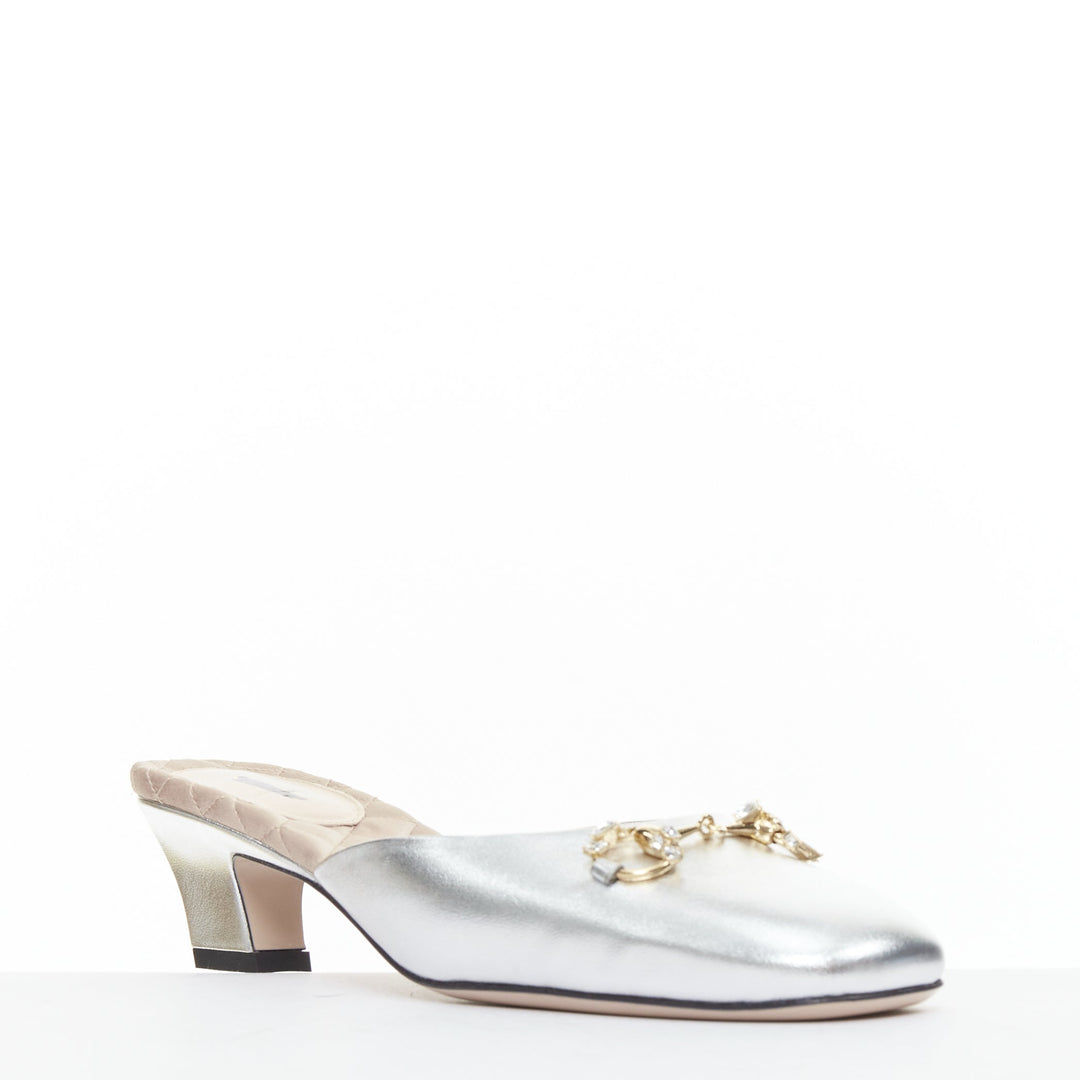 GUCCI silver metallic leather gold crystal horsebit buckle slipper heels EU37