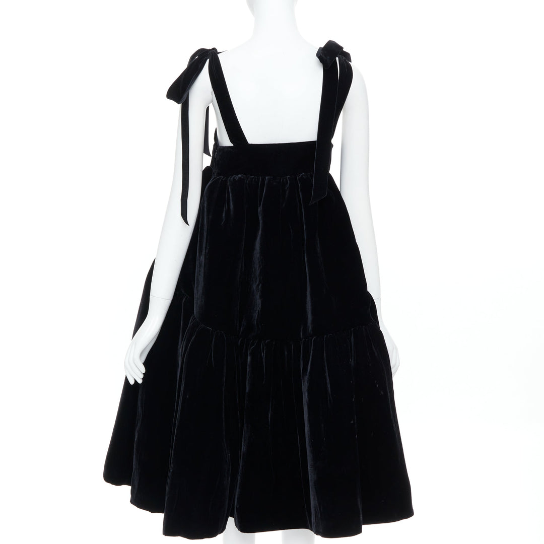 CECILIE BAHNSEN 2018 Runway Bey black velvet tiered tie shoulder dress UK8 S