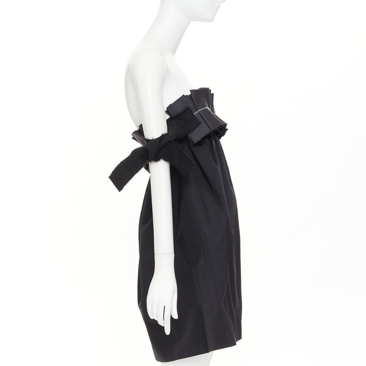 GIAMBATTISTA VALLI black wool strapless ruffled tie sleeve flared dress IT40 XS