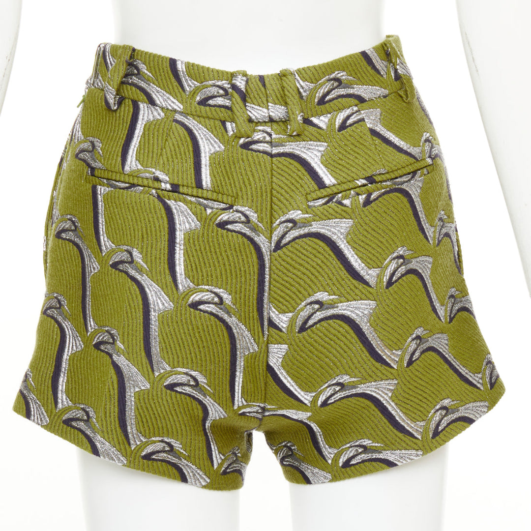 GUCCI 2024 Runway green grey Heron bird jacquard highwaist formal shorts IT38 XS