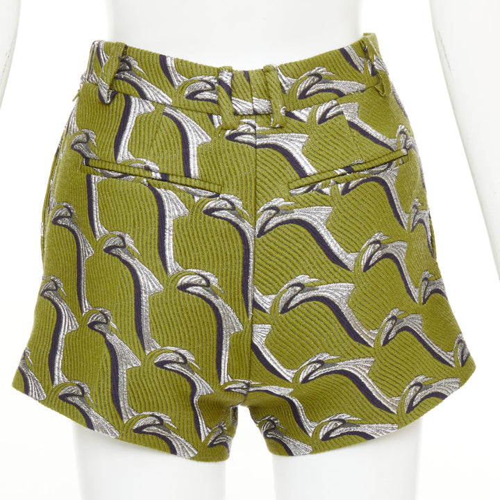GUCCI 2024 Runway green grey Heron bird jacquard highwaist formal shorts IT38 XS
