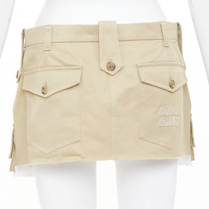 MIU MIU 2022 Runway chino low rise frayed micro mini skirt IT42 M Hailey Bieber