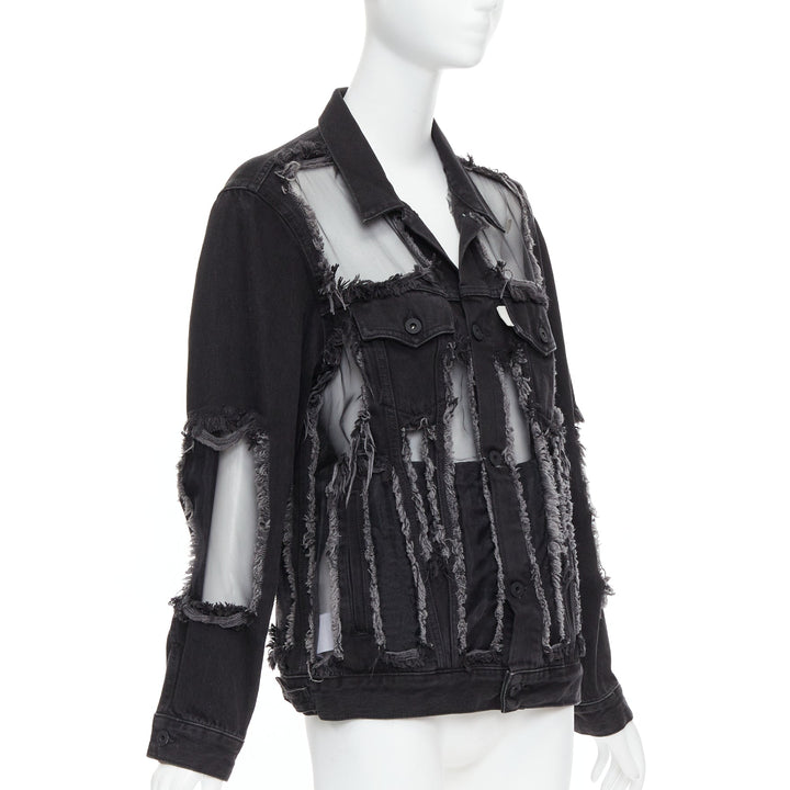 OFF WHITE black denim organza mesh panel frayed jacket XS