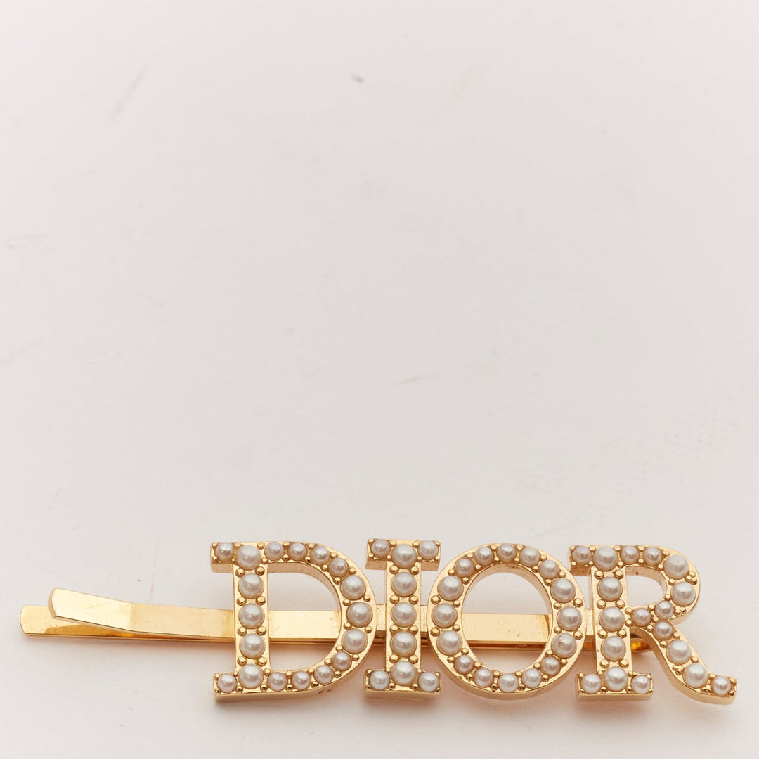 CHRISTIAN DIOR cream faux pearl logo gold metal barrette hair clip