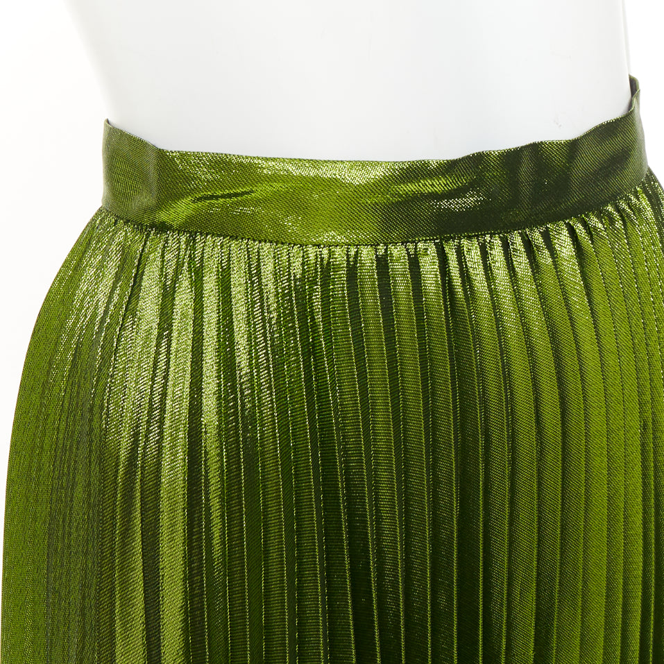 GUCCI 2016 Runway green metallic lame plisse silk blend pleated skirt IT36 XXS
