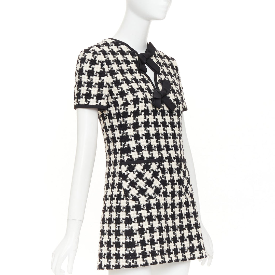 VALENTINO 2024 black white houndstooth tweed cutout bow mini dress IT40 S