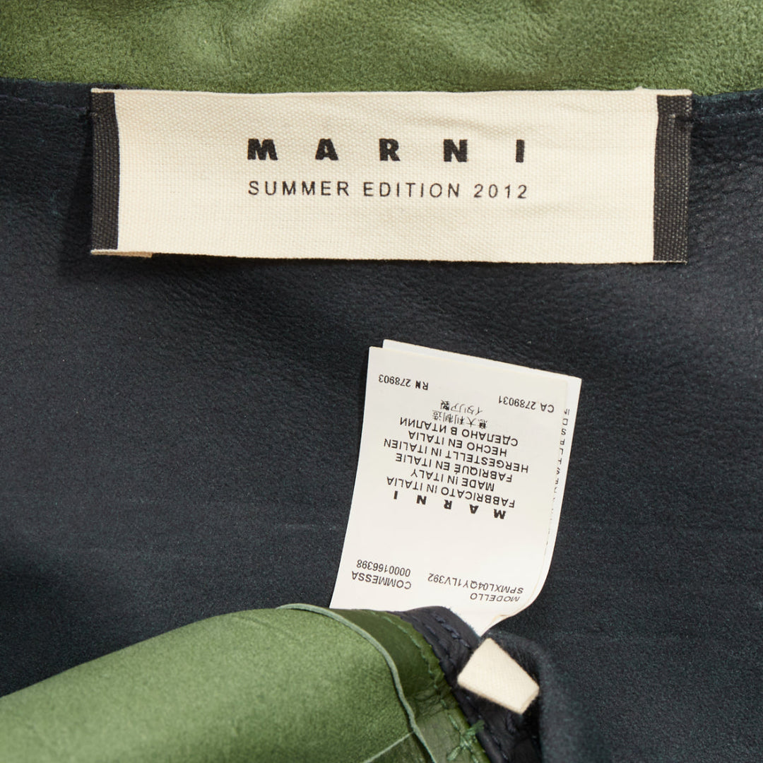 MARNI 2012 green navy calf leather geometric buttons round sleeve coat IT38 XS