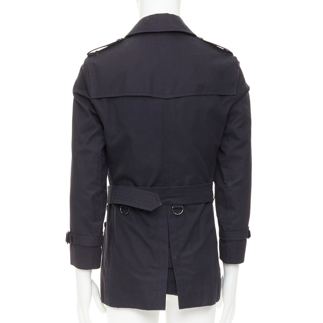 BURBERRY Prorsum 2011 black cotton twill leather trim belted trench coat EU46 S
