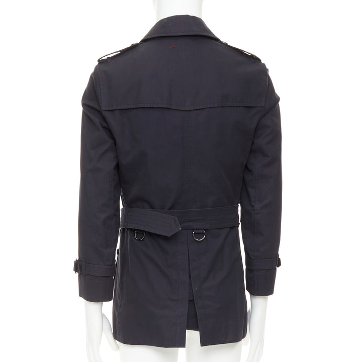 BURBERRY Prorsum 2011 black cotton twill leather trim belted trench coat EU46 S