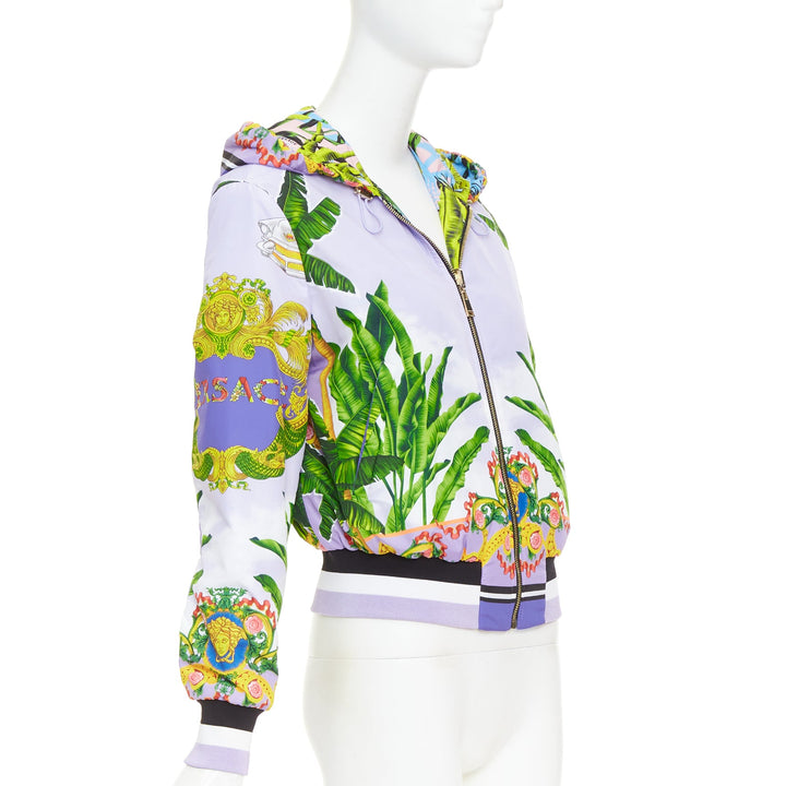 VERSACE 2018 Garden print Reversible lilac tropical print nylon jacket IT40 S