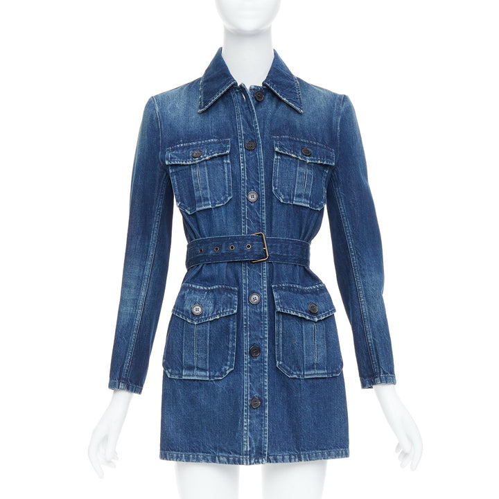 SAINT LAURENT Saharienne blue indigo washed denim belted safari shirt dress